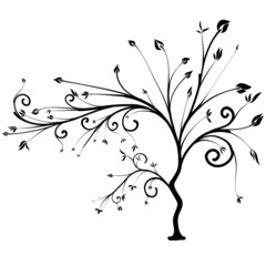 sprawling young tree with a curved trunk and thin branches, black silhouette