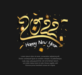 Fototapeta na wymiar happy new year 2022 golden number with party element isolated black background