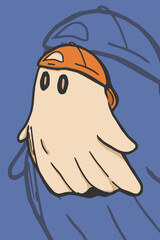 Illustration of cute ghost wearing orange hat on halloween on blue background