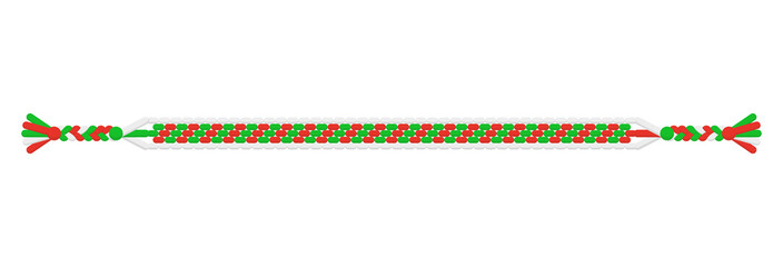 Vector Christmas handmade hippie striped friendship bracelet of whire, red and green threads.