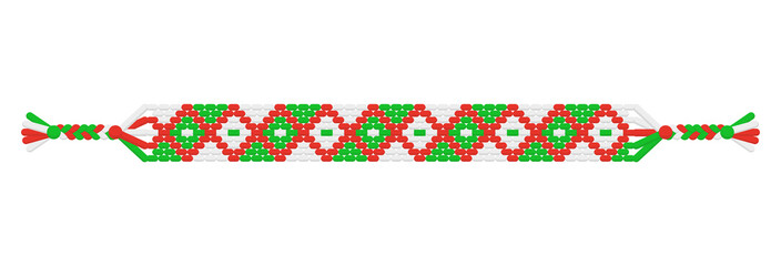 Vector Christmas handmade hippie friendship bracelet of green, red and white threads.