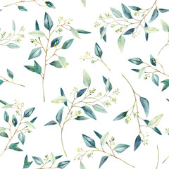 Fototapeta na wymiar Watercolor botanical seamless wallpaper with eucalyptus branches. Evergreen repeating texture isolated on white background. Pattern for wrapping paper, print or fabric