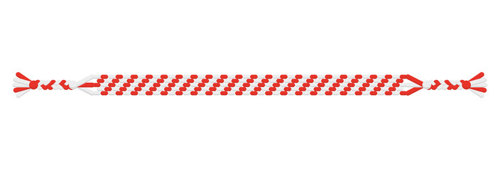 Vector Christmas handmade hippie striped friendship bracelet of white and redthreads. - obrazy, fototapety, plakaty