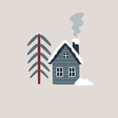 Winter postcard. Vector illustration with cozy house, spruce, snowdrift. Christmas holidays. Hand drawn illustration. Scandinavian style.