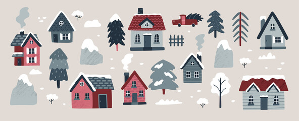 Fototapeta na wymiar Winter village collection. Vector illustration with cozy houses, spruces, trees, mountains, shrubs, car. Christmas holidays. Northern village. Hand drawn illustration. Scandinavian style.