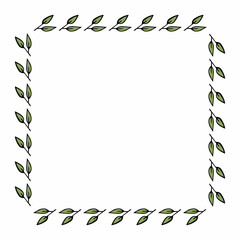 Square frame with intresting green branches on white background. Vector image.