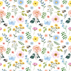 Fototapeta na wymiar Watercolor floral seamless pattern. Cute botanical print, blooming meadow illustration with wildflowers, butterflies on white background. Easter design.