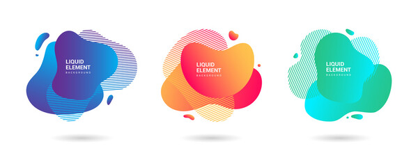 A collection of dynamic gradient graphic elements in a modern style. Banner with flowing liquid shape. Logos, flyers, presentations, cards, invitation templates. Vector illustrations.