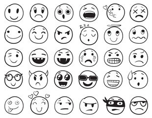 Doodle emoji set. Doodles image pictograms, Smile emotion funny faces, happy fun emoticon line icons, sad hand drawn, neat outline isolated vector illustration