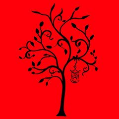 Obraz premium black silhouette graceful tree with bird feeder on red background