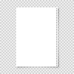 Realistic blank paper sheet in A4 format on transparent background. Notebook page, document. Design template or mockup. Vector illustration.