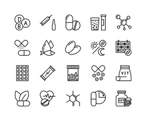 Vitamin nutrition flat line icons set. Healthy food supplement - Vitamin, Mineral supplement, Pill, Bottle, health food. Simple flat vector illustration for web site or mobile app