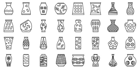 An amphora for interior decoration. A vase with an ornament for flowers or ikebana. Ceramic vases with a design. A set of vector icons, outline, isolated.