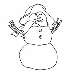 Snowman close-up on a white background. Contour drawing, vector graphics. Illustration for children for coloring.
