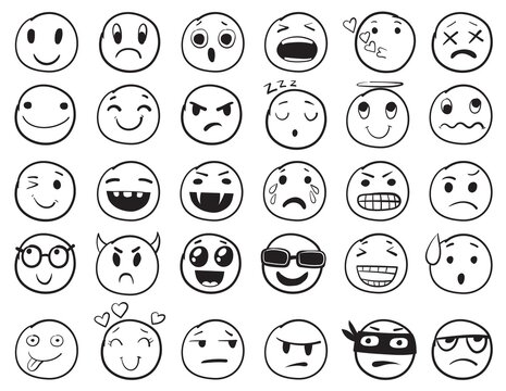 Doodle emoji set. Doodles image pictograms, Smile emotion funny faces, happy fun emoticon line icons, sad hand drawn, neat outline isolated vector illustration