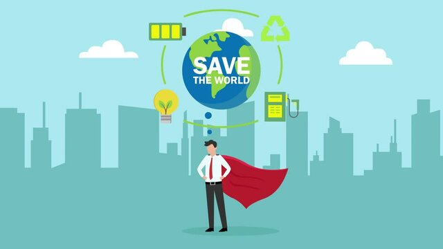 Businessman wearing capes with save the world text