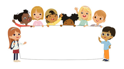 Multicultural kids hold a blank board. Cute little kids on a white background. Show a blank poster for text entry. Banner. Cartoon Vector illustration. Isolated. - 472006059