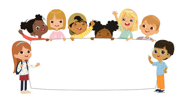 Multicultural kids hold a blank board. Cute little kids on a white background. Show a blank poster for text entry. Banner. Cartoon Vector illustration. Isolated.