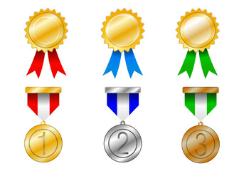 illustration of an award set collection of golden metal medals of achievement  labels set