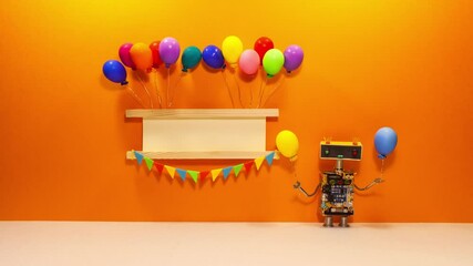 Happy Birthday, Christmas, New Year party or Opening shop ceremony, event invitation, start of a project, business template. Funny kind toy robot with colourful balloons. Wooden sign decorated
