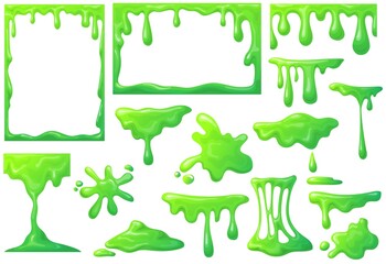 Slime frame. Cartoon mucus green goo drip sticky slimy mucus, liquid splash splatter, viscous snot, blob poison, splodge glow glue jelly, neat vector icon - obrazy, fototapety, plakaty