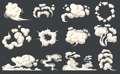 Cartoon dust clouds. Comic cloud shape, spray air smoke, fog road, explosion bomb, car gas, puff magic effect, steam wind silhouette, spooky fume smog - obrazy, fototapety, plakaty