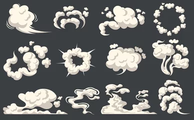 Zelfklevend Fotobehang Cartoon stofwolken. Komische wolkvorm, nevelluchtrook, mistweg, explosiebom, autogas, bladermagisch effect, stoomwindsilhouet, spookachtige rooksmog © ssstocker