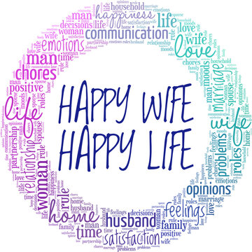 Happy Wife Happy Life vector illustration word cloud isolated on white background.