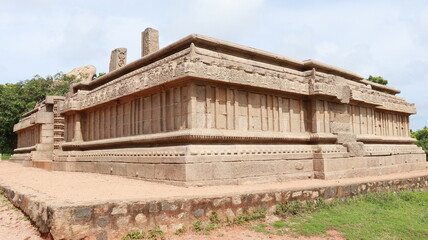 Fototapeta premium The exterior of the Raya Tower is believed to date back to the Vijayanagara period. Beautiful sculptures can be seen on the walls of the temple. Exterior view of the temple
