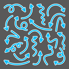 Colorful hand drawn arrow stickers set. Blue pointers collection. Simple arrows in different shapes. Direction signs. Vector illustration.