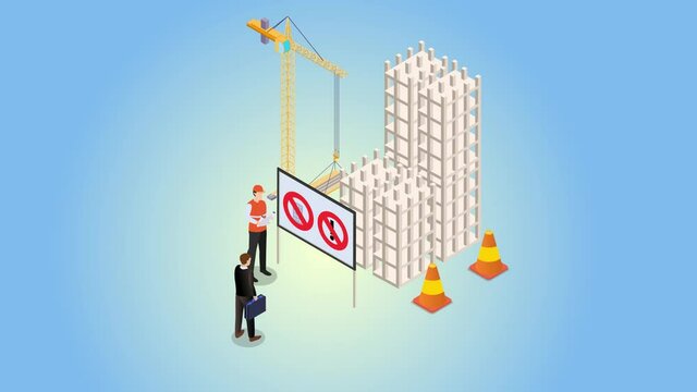 Two workers standing with Illegal buildings symbol