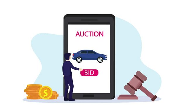 Young man doing car auction on cellphone