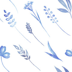 Blue foliage. Watercolor. Seamless pattern. Hand painting
