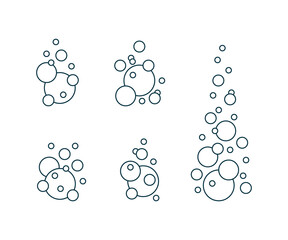 Different types of circle bubbles set, fizzy oxygen line. Balls set. Bubbles in carbonated drink. Foam in bathroom. Vector illustration - obrazy, fototapety, plakaty