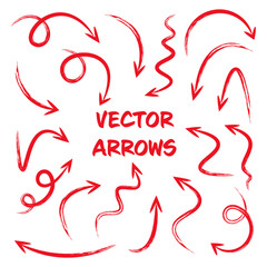 Red grunge hand drawn arrows isolated on white background. Doodle arrow, zigzag and round pointers. Handmade sketches of direction symbols. Vector illustration.