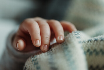 A close-up shot of a three week old, newborn baby boy's hand.
