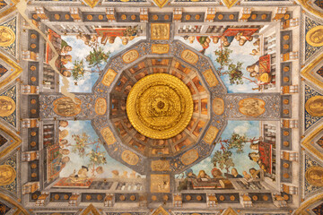 FERRARA, ITALY - NOVEMBER 9, 2021: The renaissance ceiling frescoes in the   palace Palazzo...