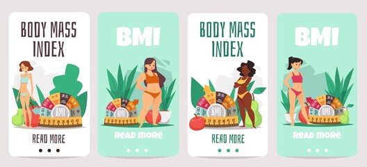 Diverse women with different body mass index, onboarding screens template - flat vector illustration.