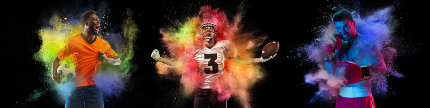 Collage with professional football players and boxer posing in explosion of paints and colorful powder. Sport, fashion, show concept © master1305
