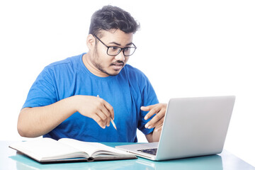 business guy talking on video chat on laptop in white background