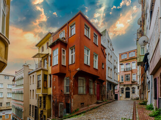 Obraz premium Balat district street view in Istanbul. Balat is popular tourist attraction in Istanbul, Turkey.