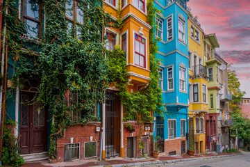 Fototapeta premium Balat district street view in Istanbul. Balat is popular tourist attraction in Istanbul, Turkey.