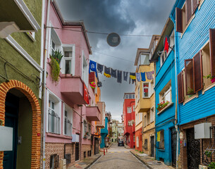 Balat district street view in Istanbul. Balat is popular tourist attraction in Istanbul, Turkey.