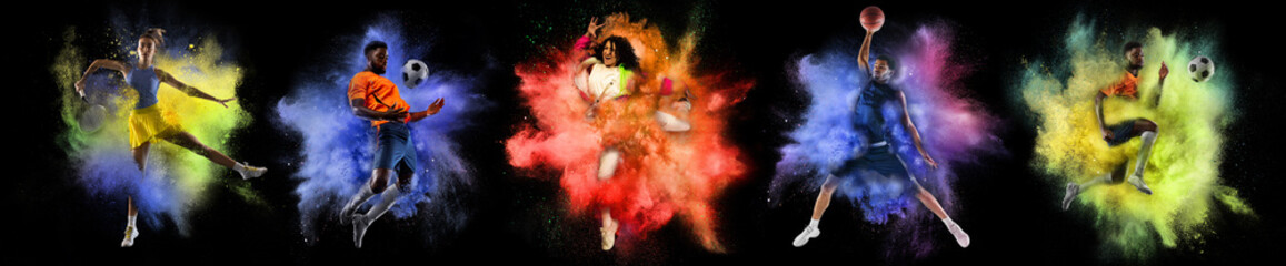 Collage with professional football players and boxer posing in explosion of paints and colorful...
