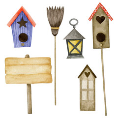 Set of Watercolor illustrations of bird feeders, broom, house, lantern, notice board isolated on white background.