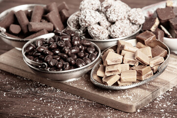 Assortment of delicious chocolate candies background. Chocolate candy isolated 