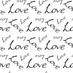 Seamless pattern with black text Love on white background. Vector image.