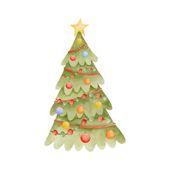 Watercolor illustration of Christmas tree isolated on white background.
