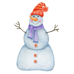 Watercolor illustration of a snowman isolated on a white background. 