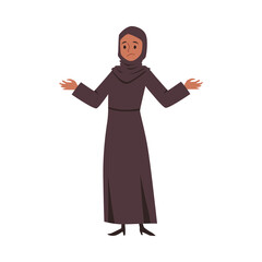 Confused muslim woman shrugging shoulders, flat vector illustration isolated.